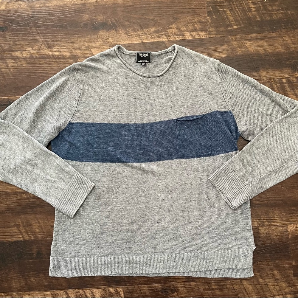 Todd Snyder 100% linen two tone blue strip gray crewneck sweater 2XL *Read